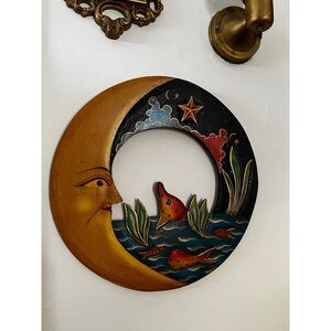 Vintage Moon Whimsigoth 1990s Celestial Thai Wooden and Hand Painted Folk Art